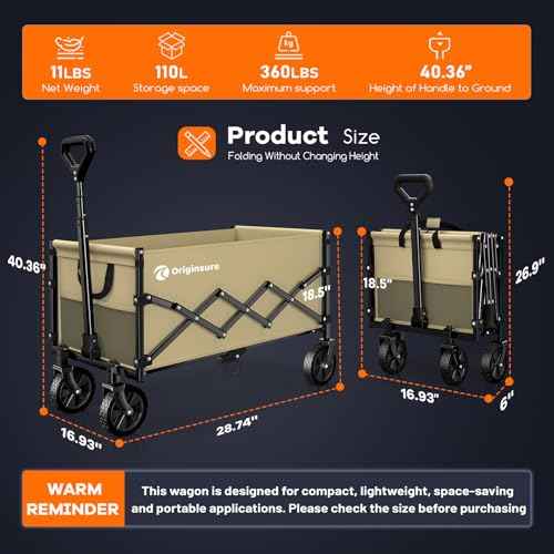 Collapsible Wagon Cart Foldable - Lightweight Portable Heavy Duty Folding Beach Wagons with Wheels - Outdoor Utility Carts for Grocery, Camping, Shopping, Sports with Large Capacity - Khaki