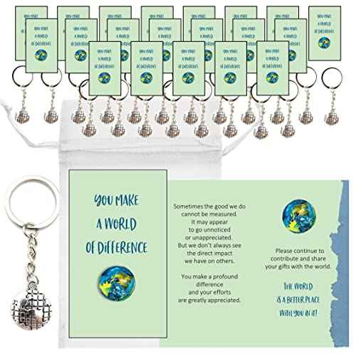 Smiling Wisdom - 20 Bulk Gifts - You Make A World of Difference - Staff Employee Appreciation 3.5x2in Cards & Keepsake Gifts - 60pcs - Silver World Keychains