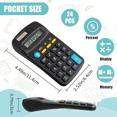 24 Pieces Pocket Size Mini Calculators,Pocket Calculator,Solar Battery Dual Power Desktop Calculators,8 Digit Display Basic Calculator for Students Kids Home Office(Black)