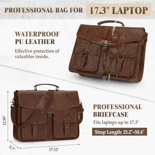 RAINSMORE Messenger Bag for Men 17 Inch Laptop Briefcase PU Leather Large Satchel Computer Shoulder Bag for Work Office