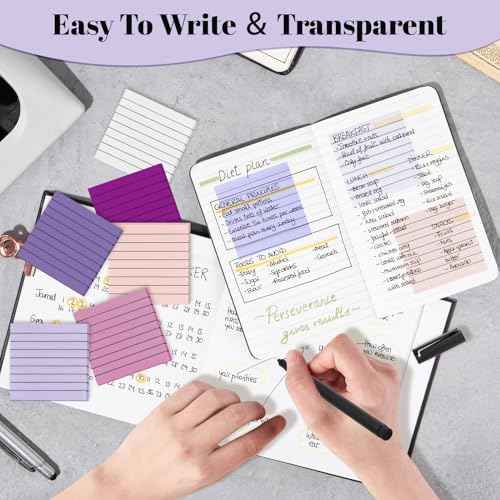 3x3 Inch Transparent Sticky Notes 300 Sheets, Clear Translucent Lined Self-Adhesive Memo Repositionable Reminder Pad for Office, College Students, Planners, Journals, School Supplies (Purple)
