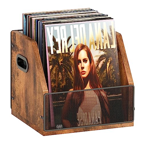 Homeiju Vinyl Record Storage, Record Box Case Crate, Vinyl Record Album Holder, Desktop Metal & Wooden LP Record Crate, Holds up to 60 Records£¨Patent No.D1024563