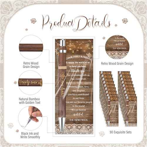 Cholemy 90 Sets Wedding Favors for Guests Happily Ever After Bamboo Ballpoint Pens with Thank You Cards Organza Bag Bulk Rustic Bridal Shower Thank You Gifts for Wedding Party
