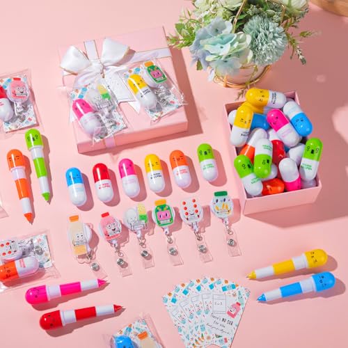 50 Sets Pharmacy Technician Accessories Gift Pharmacy Badge Reel Pill Shaped Pens Inspirational Appreciation Card Pharma Funny Gifts for Nurse Practitioner Week Medical Assistant Doctor