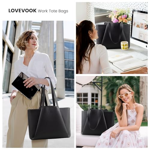 LOVEVOOK Laptop Tote for Women - 15.6 Inch Faux Leather Laptop Bag with Clutch, Large Capacity Office Purse Computer Briefcase for Casual Business Travel, Black
