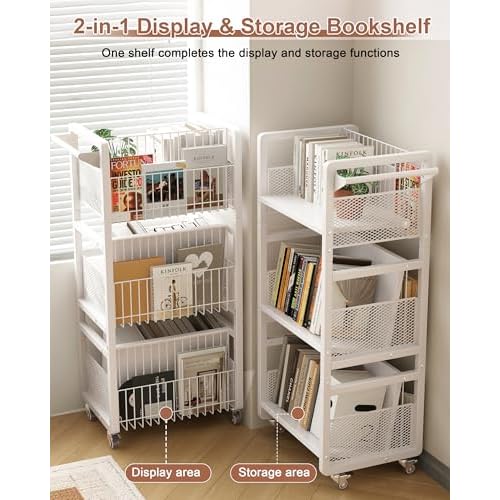 UMDONX Book Cart Heavy Duty Double-Sided with Silent Wheels & 3 Magnetic Book Supports Rolling Bookshelf Library Book Truck for Home, Office, or School