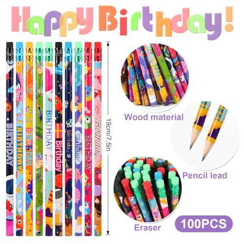Kolewo4ever 500 Pieces Happy Birthday Gifts Set:100 Pcs Happy Birthday Pencils,100 Pcs Bookmarks and 200 Pcs Badge Stickers