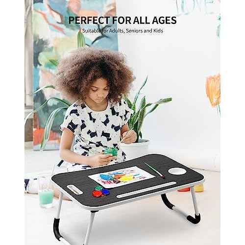 Foldable Laptop Table, Portable Lap Desk Bed Table Tray, Laptop Stand with Cup Holder & Tablet Slot & Lifting Handle for Working Writing Drawing & Eating (Black)