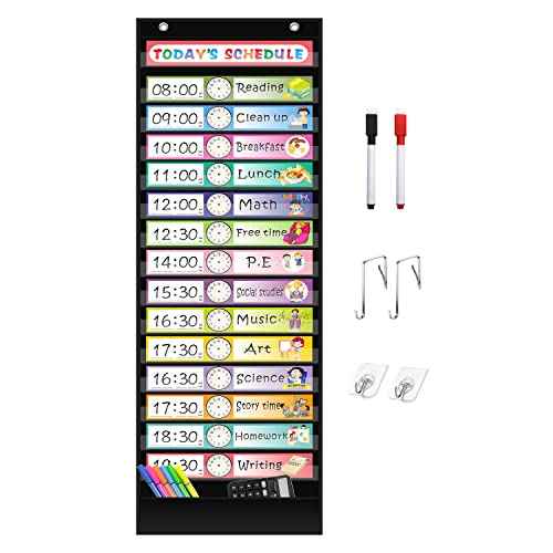 REGELETO 15+1 Pockets Daily Schedule Pocket Chart with 30 Pcs Double-Sided Reusable Cards, Scheduling Pocket Chart for Classroom Office Home Preschool Activity(Black)¡¦