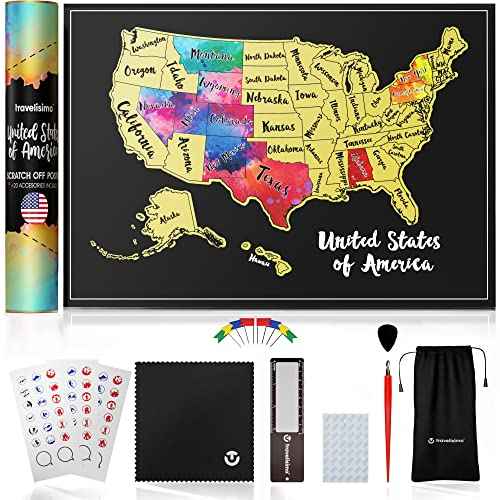 TRAVELISIMO Scratch Off Map of United States, 12x17 inch US Map for Travel Tracking, Scratch Off Poster 25 Unique Accessories & Colorful Design