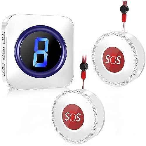 SURFOU Wireless Caregiver Pager, Nurse Calling Alert Patient Help System for Home/Personal Attention, 1000 ft Range, 2 SOS Buttons/Transmitters + 1 Plug in Receiver