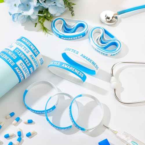 Cunno 200 Pcs Diabetes Awareness Silicone Wristband Bulk Type 1 Diabetes Prevention Rubber Bracelets Diabetic Blue Ribbon Stretch Wristband for Women Men Non Profit Charity Fundraisers Supplies