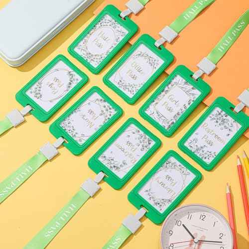 Ctosree 8 Set Eucalyptus Hall Pass Lanyards and School Passes Set Unbreakable PVC School Supplies Teacher Supplies for Classroom Elementary Middle Restroom Library Office, Green