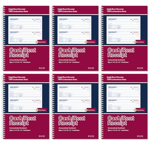 WSICSE 6-Pack 3-Part Carbonless Receipt Books, Spiral Bound, 100 Sets/Book