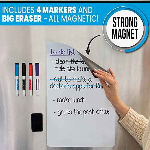Cinch! Magnetic Whiteboard for Fridge 29 x 21 Inch - Stain-Resistant Dry Erase Board with 4 Fine Tip Markers and Large Eraser - Fridge Whiteboard Planner and Organizer for Kitchen or Office Use