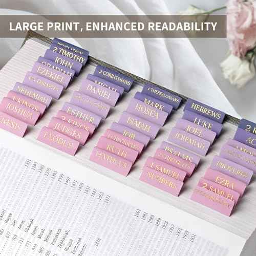 Bible Tabs for Women & Men, Laminated Bible Tabs for Study Bible, Large Print Bible Tabs for Easy Navigation, Bible Index Tabs, 66 Tabs Old & New Testament, Extra 9 Blank Tabs - Violet Ombre
