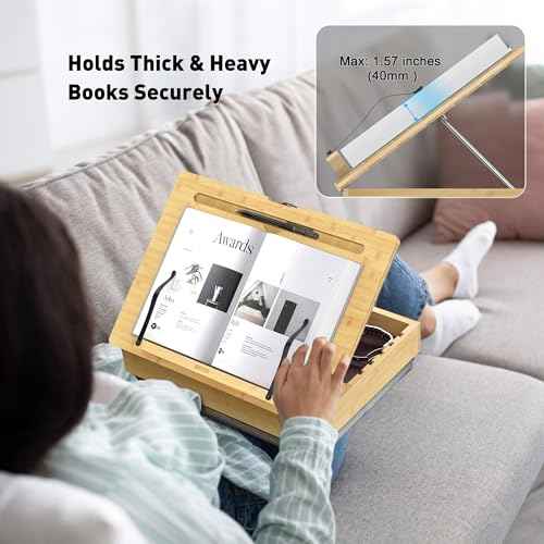 AboveTEK Book Stand for Reading with Storage, Adjustable Bamboo Book Holder with Soft Lap Cushion, Cookbook Stand, Hands-Free Book Reading Stand for Bed, Desktop & Kitchen Counter