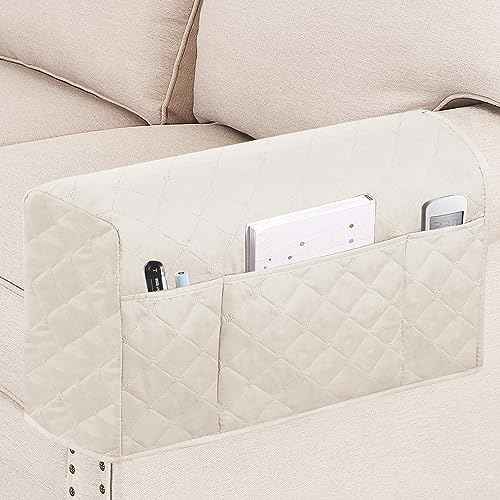 Turquoize 2 Pack Waterproof Armrest Covers for Chairs and Sofas - Couch Arm Covers with Side Pocket Anti-Slip Furniture Protector Washable Armrest Slipcovers, Ivory