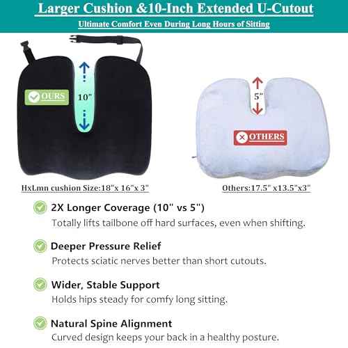 Large Pressure Relief Office Car Seat Cushion,10-Inch Extended U-Cutout,Sciatica & Back Coccyx Tailbone Pain Relief Chair Pad,Memory Foam Butt Pillow for Computer Desk,Wheelchair, Car