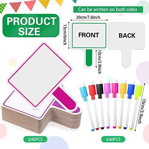 Crtiin 80 Pcs Colorful Dry Erase Paddles Set Include 40 Dry Erase Paddles with 40 Markers Double Sided Handheld Whiteboard for Answer Numbers Voting Blank Fans(Rectangle)