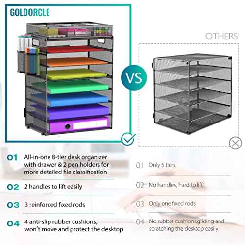 8 Tier Paper Letter Tray Organizer with Drawer & 2 Pen Holders, Mesh Desk File Holder Storage Organization for Home School Classroom & Office