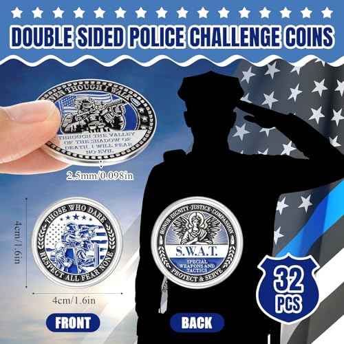 32 Pcs Police Challenge Coins Thank You for Your Service Police Gifts Patriotic Collectibles Commemorative Coins for Men Women Veterans Day Independence Favors(Novel)