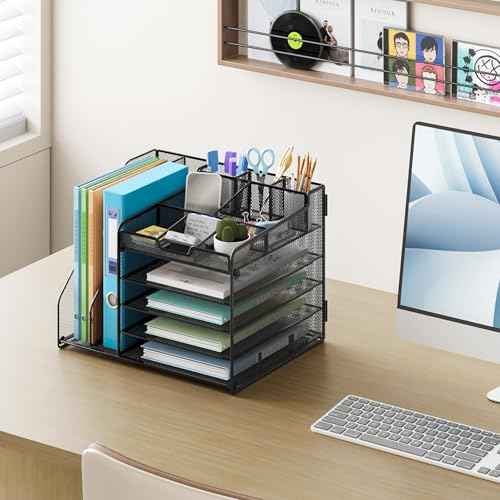 Lavatino Desk Organizer, 5-Tier Metal Mesh Paper Letter Tray with 2 File Holders & 7 Flexible Dividers for Office or Home Desk Organizers and Accessories, Keep Workspace Supplies Neat, Black