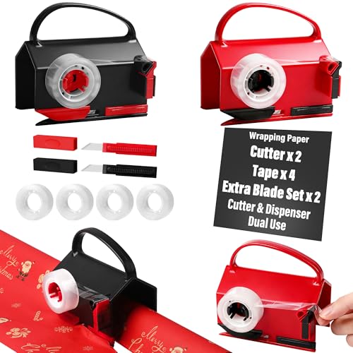 2 Pack Wrapping Paper Cutter & Tape Dispenser, Dual Use Christmas Gift Wrap Cutter Slider Tool with 4 Tapes & 2 Replaceable Blades for Holiday & Birthday Wrapping Paper Roll, Red and Black