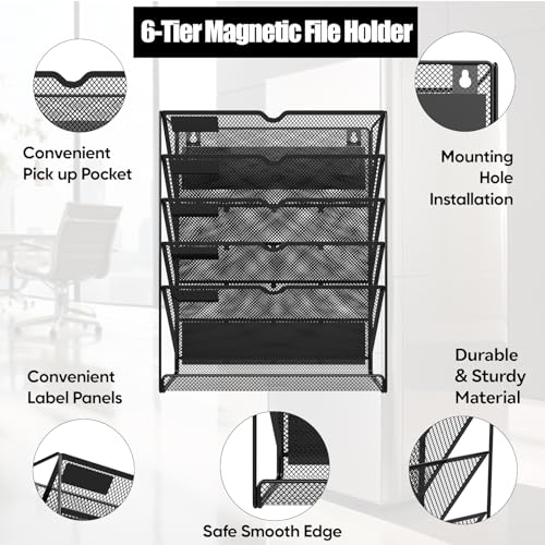 Black 6-Tier Magnetic File Holder, No Drilling Office & Refrigerator Organizer