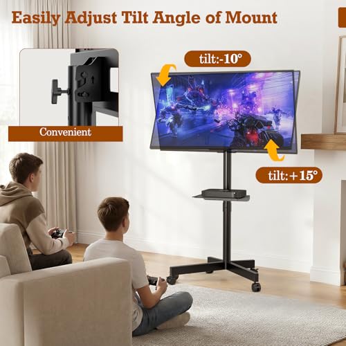 SIMINGTEC Rolling TV Stand on Wheels for 23-60 inch Flat/Curved TVs – Black with Shelf