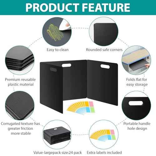 24 Pack Privacy Folders for Students - Durable & Waterproof Plastic Study Desk Dividers,Test Dividers for Classroom,Easy to Clean Privacy Shields & Boards - Includes Extra 48 Labels