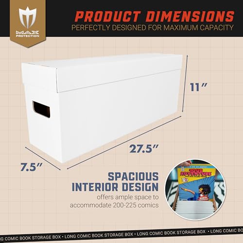 Max Protection Comic Book Storage Box - 3 Count Long Comic Book Boxes with White Corrugated Cardboard - Stackable Bin, Thick Case, Book Containers with Lid - Ideal for Comics, Magazines, Collectibles