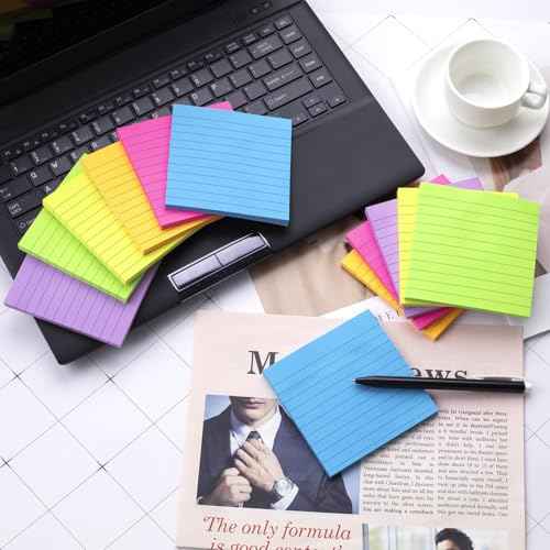 (12 Pads) Lined Sticky Notes 4x4 in, 6 Bright Colors Self-Stick Note Pads, Strong Adhesive, 47 Sheets/Pad