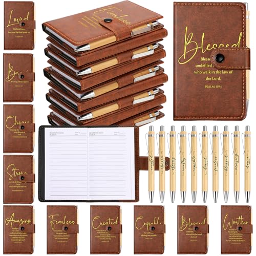Spakon 40 Pcs Christian Gift Bulk Leather Prayer Journal Religious Notebook with Bible Verse Pens Teacher Appreciation Gift for Women Men Church Sunday School Pastor (Dark Brown)
