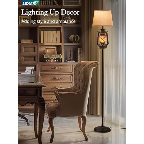 LEDIARY LED Flashing Flame Night Lantern Farmhouse Floor Lamp for Living Room, Rustic Standing Lamp with Beige Linen Drum Lampshade, Lantern Floor Lamps for Bedroom Home Decor