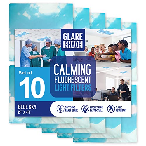 Fluorescent Light Covers for Ceiling Lights (10 Count) ? Easy Install Magnetic Light Filters for Classroom and Office Provide Relief from Glare, Headaches, and Eyestrain ? Sky Blue Cloud