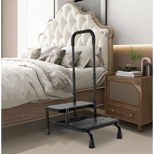 Step Stool for Seniors, 2 Stepping Stool for Bed Heavy Duty with Handle for Adults, Medical-Grade Footstool Supporting Up to 350 lbs, Black