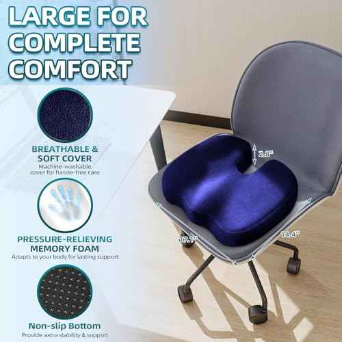 Seat Cushion for Office Chair Memory Foam Coccyx Pain Relief Cushion Pillow for Back Support Non-Slip Seat Pad for Office Desk (Blue)
