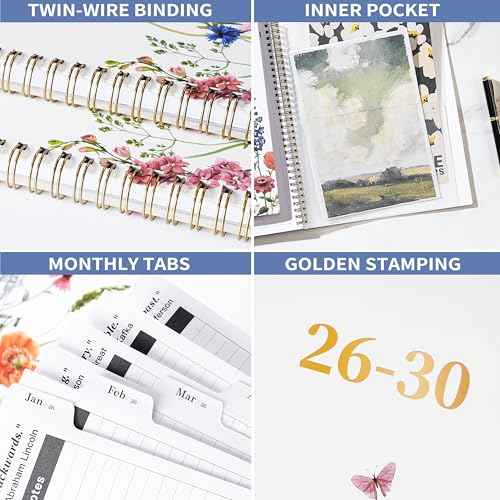 2026-2030 Monthly Planner - 5 Year Planner/Calendar, 2026-2030 Monthly Calendar Planners Spiral Bound, Jan. 2026 - Dec. 2030, 9" x 11", Twin-Wire Binding + Tabs + Pocket - Flowers