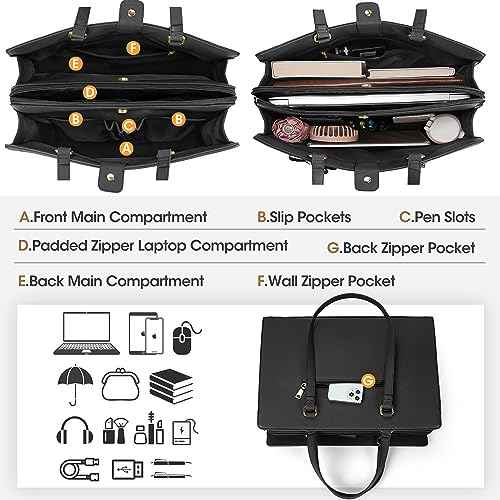 Laptop Bag for Women 15.6 inch Laptop Tote Bag Waterproof Leather Computer Bag Large Lightweight Briefcase Professional Business Office Work Bag Black