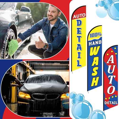3 Pack Car Wash Sign Feather Flag 12 x 2.5 ft Auto Detail Hand Wash Windless Flags Large Advertising Feather Flag for Business Advertising