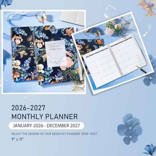 2026-2027 Monthly Planner/Calendar - Monthly Calendar 2026-2027, January 2026 - December 2027, 9" x 11", 2 Years monthly Planner with Tabs, Contacts + Back Pocket + Twin-wire Binding - Floral