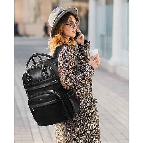 LOVEVOOK Vintage PU Leather 15.6 inch Women's Laptop Backpack, Black, 25L, Water Resistant, USB Charging Port