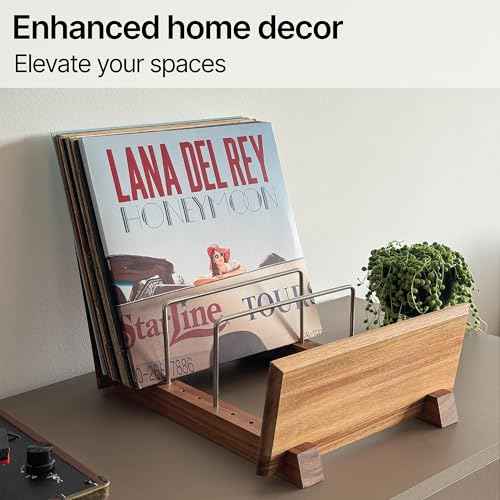 Vinyl Record Storage Holder - Solid Acacia Wood & Metal, Sturdy Record Storage for 50-70 Albums, Elegant Vinyl Holder