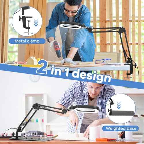 10X Rectangle Magnifying Glass with Light and Stand, Real Glass Lighted Magnifier Hands Free, Mechanical Knob 5 Color Modes Stepless Dimmable, 2-in-1 LED Desk Lamp with Clamp for Close Work, Reading