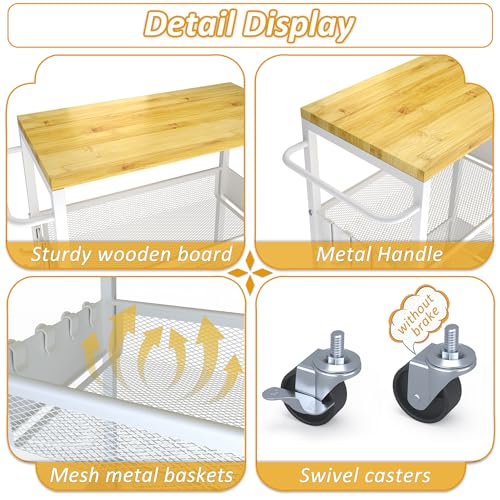 White 7.1-Inch Wide Slim Metal Storage Cart with Wood Top - Mobile Organizer