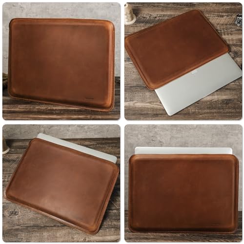 Top Grain Leather 16.2" Slim PC Sleeve Case, Solid Vintage Design, Handmade, Compatible with MacBook Pro 16.2" A2485 M1 Max 15" Touch Bar A2141 A1707 Pro 16" Touch ID A1990, Brown 16.2 Inch
