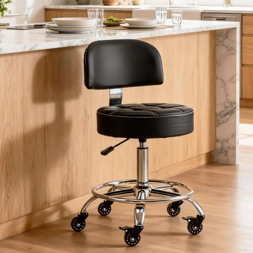 Lockable Rolling Stool with Backrest & Foot Rest, 24-31in Adjustable Height, Black – CoVibrant