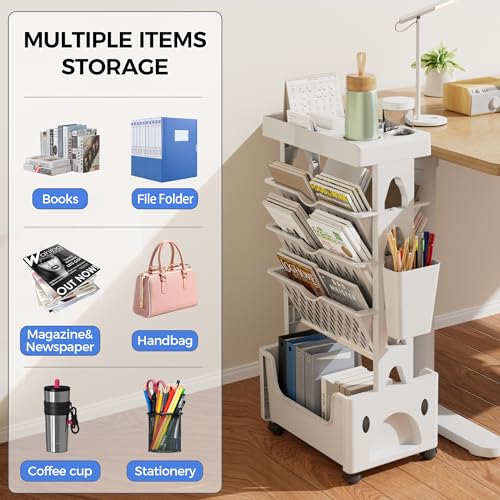 5-Tier Rolling Book Cart with Lockable Casters – Multi-Functional Mobile Bookcase (White)