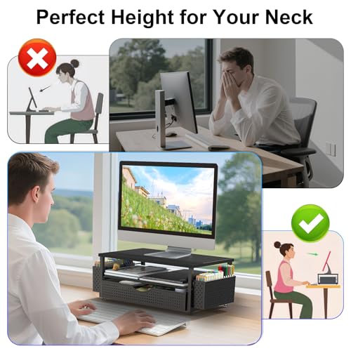 Spacrea Black Computer Monitor Stand with Drawer & Pen Holders - Space Saving Desk Organizer